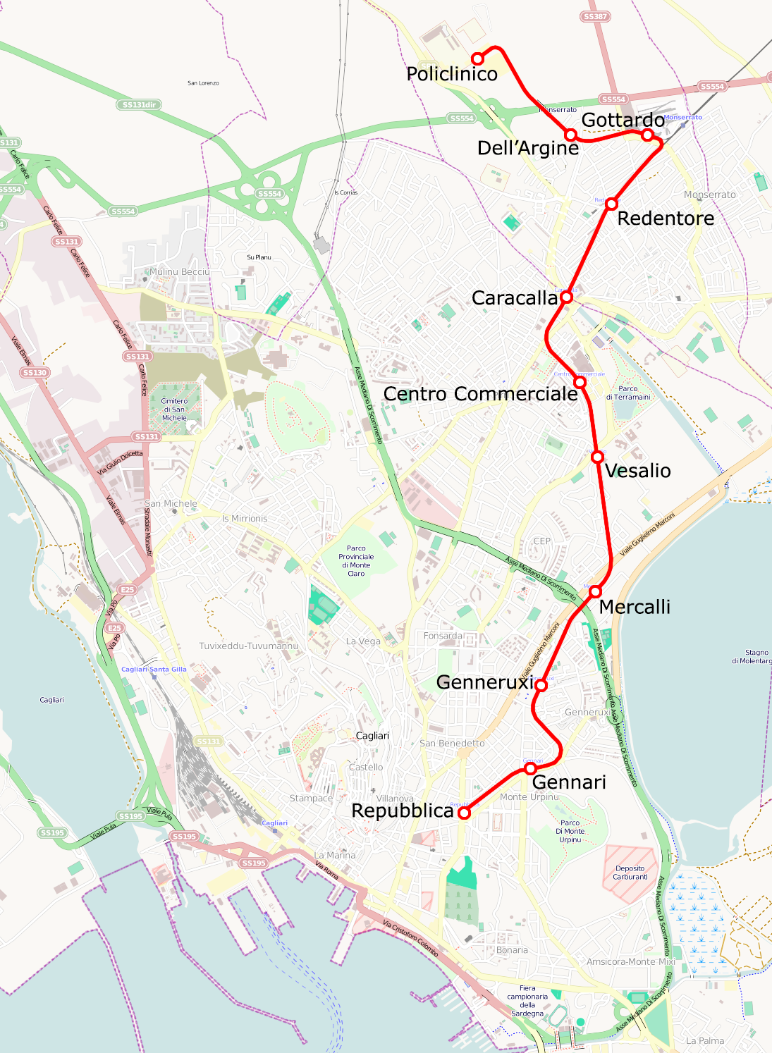 La mappa di MetroCagliari con il prolungamento della linea 1 tra San Gottardo e Policlinico – da Wikipedia "Cagliari mappa metro" di Roberto Mura - licenza CC BY-SA 4.0 tramite Wikimedia Commons 
