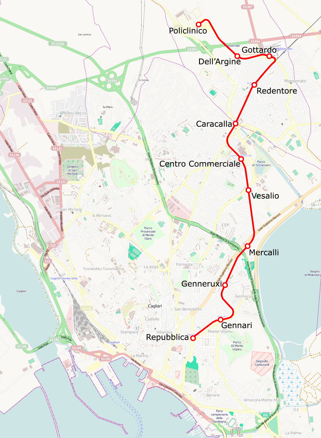 La mappa di MetroCagliari con il prolungamento della linea 1 tra San Gottardo e Policlinico – da Wikipedia "Cagliari mappa metro" di Roberto Mura - licenza CC BY-SA 4.0 tramite Wikimedia Commons