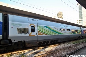 Particolare della livrea Expo 2015 di una carrozza Tgv - Foto Manuel Paa