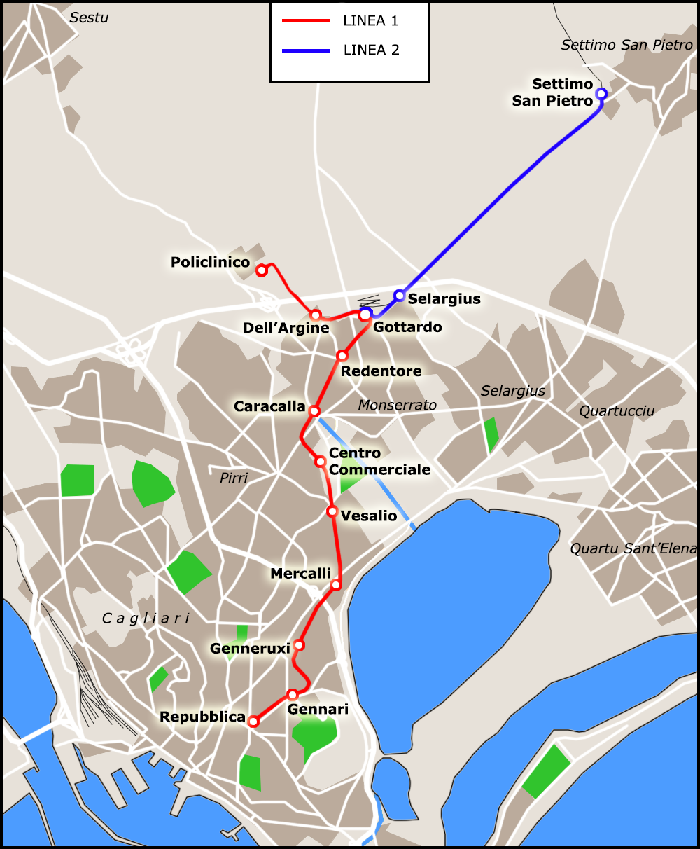 La mappa di MetroCagliari con la nuova linea tram-treno tra San Gottardo e Settimo San Pietro da Wikipedia “Cagliari mappa metro” di Roberto Mura – licenza CC BY-SA 4.0 tramite Wikimedia Commons