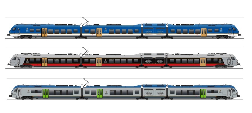 Le tre livree proposte per i treni bimodali della Valle d'Aosta