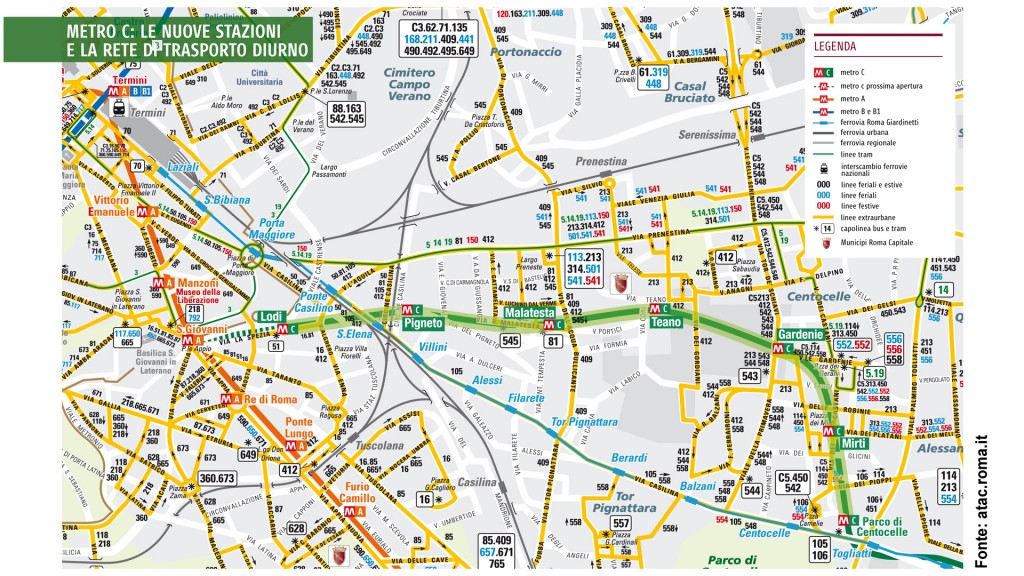 Mappa delle linee bus e prolungamento della metro C a Lodi - da atac.roma.it