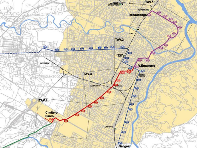 Schema della Metropolitana di Torino, in blu la linea 1 già in servizio, in viola e rosso i lotti per la realizzazione della Linea 2