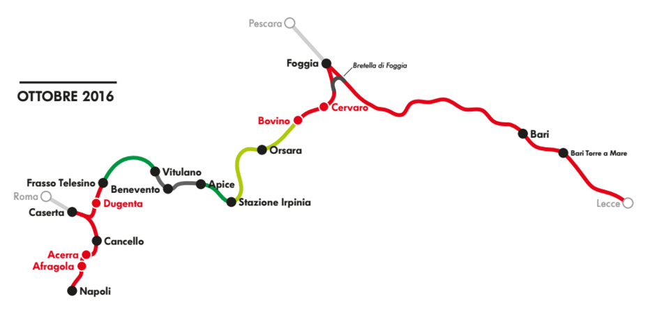Gli interventi programmati (in rosso) a partire dal 2016 sulla linea Napoli-Bari